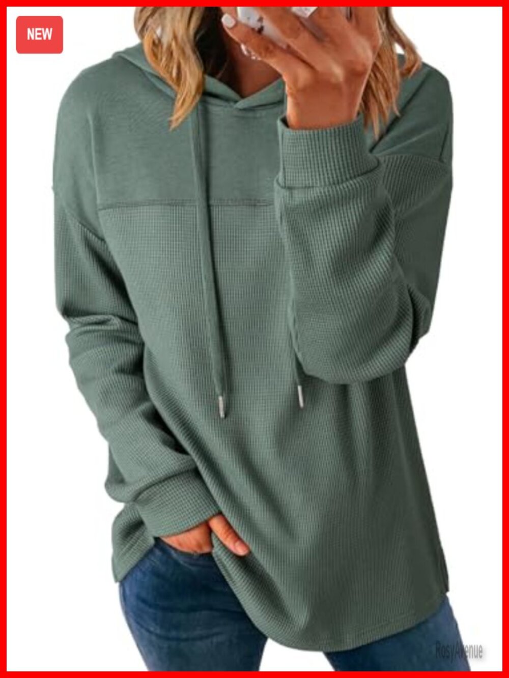 Waffle Knit Pullover Hoodie Casual Loose Fit Long Sleeve Sweatshirt